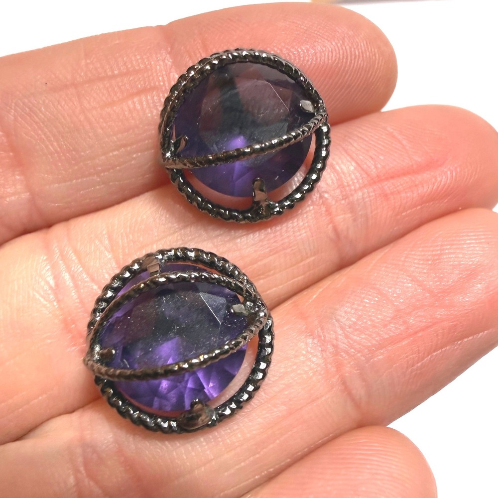 Purple Orbital Stud Earrings Gunmetal Cage Celestial Sphere Faceted Gemstone